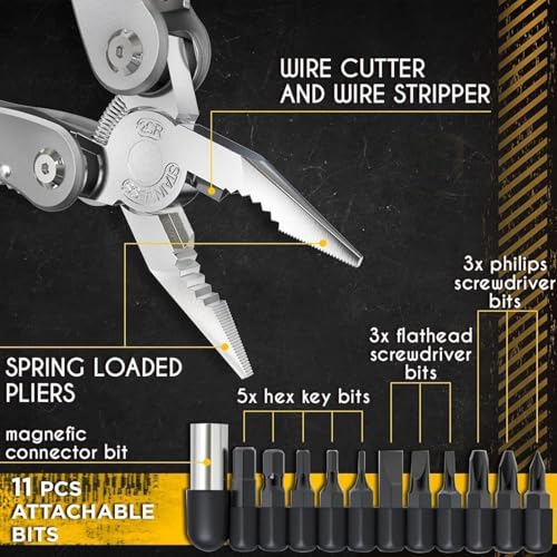 Image of Multi-Function Pliers Tool Set, 24-in-1, Stainless Steel with 11 Screwdriver Bits, Bottle Opener, Safety Hook for Outdoor