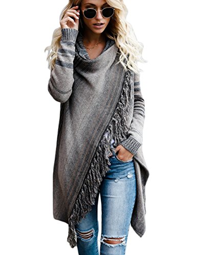 Sexyshine Women's Casual Fall Knit Long Sleeve Tassels Irregular Loose Cardigan Pullover Striped Sweater Poncho3