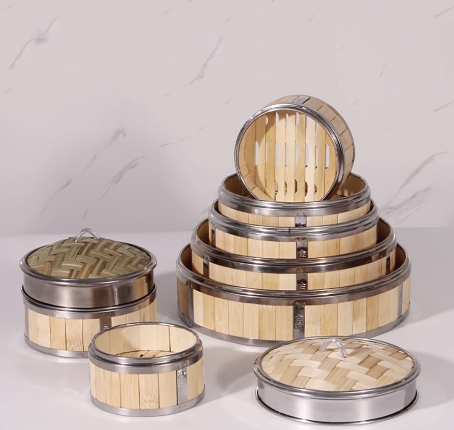 Luminexia Cesta de Vapor de bambú,2 Niveles con Tapa Steam Cooker,Olla vaporera de bambú Cocinar al Vapor con Bandas de Acero Inoxidable - para arroz,Dim Sum,Verduras,Carne y Pescado (8 tamaños)