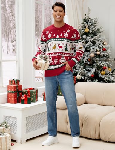 Namatime Weihnachtspullover Herren Lustig Weihnachtspulli Ugly Christmas Sweater Rundhals Strickpullover mit Elch Unisex Weihnachts Pullover Familie Set Rot-Weihnachtsbaum S