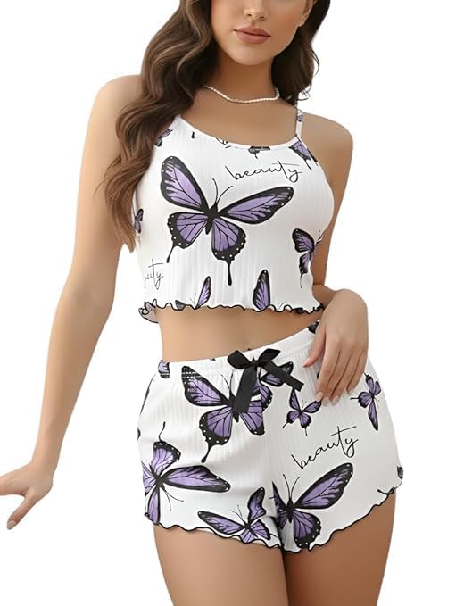 Image of SGC SWEDEN Women's Babydoll Lingerie Set with Boyshorts Panty, Cotton Blend, Multi-Colour, Free Size, 30-36 Inches, Adjustable Straps