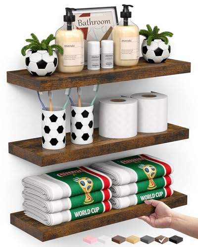 BAYKA Bathroom Floating Shelves for Wall Set of 3 - Rustic Brown Farmhouse Wood Shelves Over Toilet...