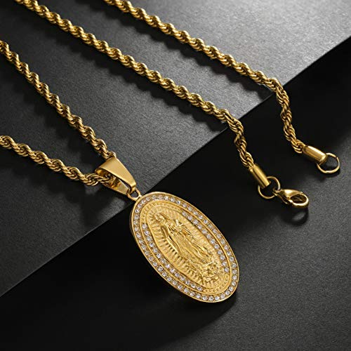 ROWIN&CO Mens 18K Gold Hip Hop Iced Out Bling Micro Pave Artificial Diamond Oval Virgin Mary CZ Pendant with 20/24/30 inchs Gold Rope Chain4