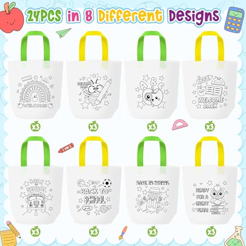 Image of FMuimshouwo Back to School Coloring Goodie Bags for Kids - 24Pcs First Day of School Bulk Color Your Own Gift Bags with Handle Reusable Coloring Bag Non Woven Tote Bag for Classroom Party DIY Crafts