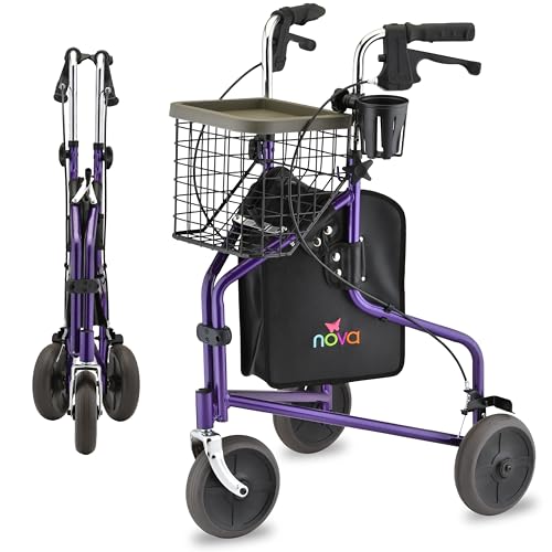 NOVA Traveler Folding 3-Wheel Walker with Tray Basket Pouch & Cup Holder Lightweight Mobility Aid for Seniors & Adults 8 All-Terrain Wheels for Tight Spaces & Travel Purple