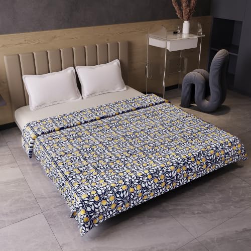 Image of Divine Casa Glace Cotton Double Bed Dohar | 120 GSM Lightweight AC Blanket | Reversible Printed Summer Quilt | 220 x 205 CM, Navy Blue & Mustard Yellow