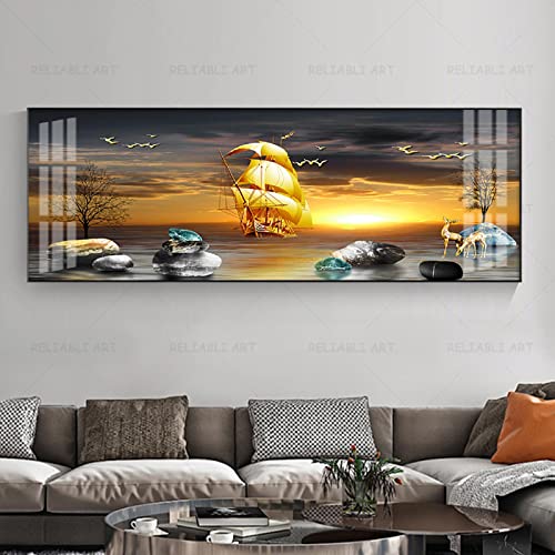 Bateau doré peinture sur toile style chinois paysage 30x90cm