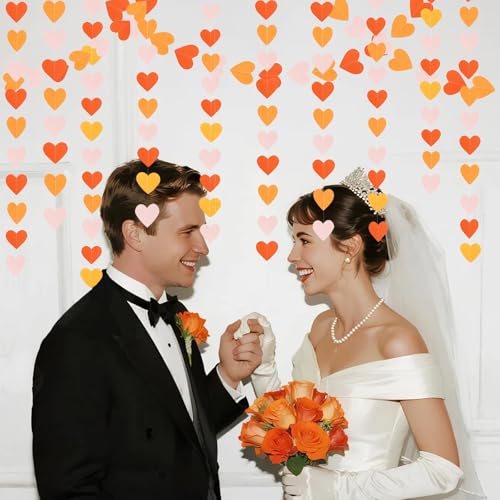 Image of Yellow-Pink Orange Party Decorations Heart Garland Streamers, 39Ft Fall Autumn Thanksgiving Harvest Hanging Paper Banner, Engagement Birthday Baby Bridal Shower Wedding Bachelorette Groovy Decor