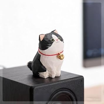 Hand-Carved Wooden Black and White Tuxedo Cat Figurine Mini Cat Statue for Desk, Home & Car Dashboard Decor, Collectible Craft Gift for Cat Lovers