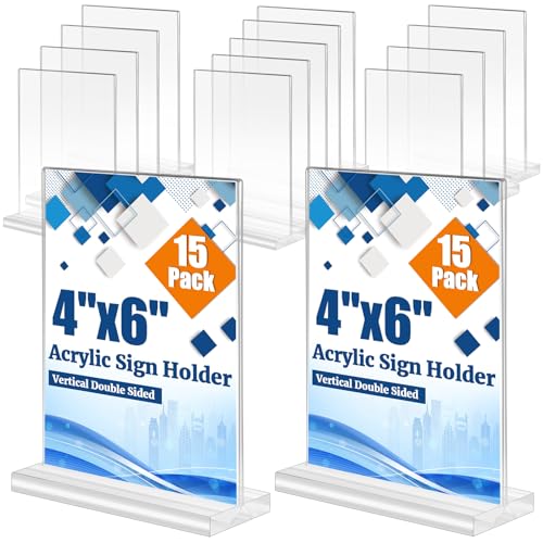 StyEdEk 15 Pack 4x6 Inch Acrylic Sign Holder T Shape Clear Menu Holder Double Sided Desktop Paper Holder TableTop Sign Holder for Reception Office Party Decoration Store Numbers Picture Frames