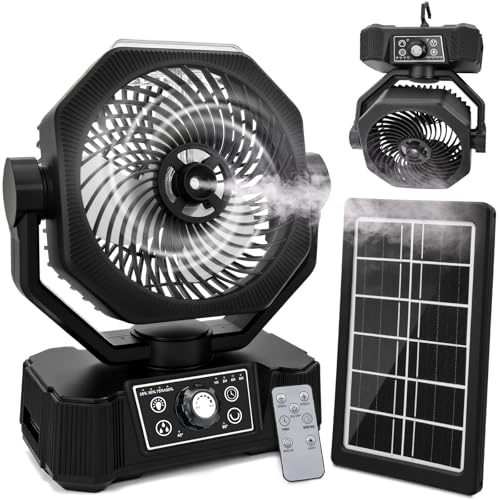 AKOFIC Ventilador de Camping Solar con Control Remoto y Nebulización (negro)