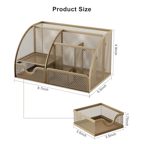 Image of EasyPAG Mesh Desk Organizer Office Supplies Caddy 6 Compartments with Drawer,Gold