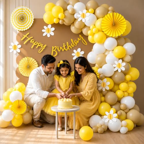 Image of Party Propz Sunshine & Floral Theme Happy Birthday Decoration Kit for Girls - 42 Pcs Birthday Decoration Kit for Kids, Baby Boy with Birthday Banner, Balloons, Yellow Paper Fans & Flower (Cardstock)