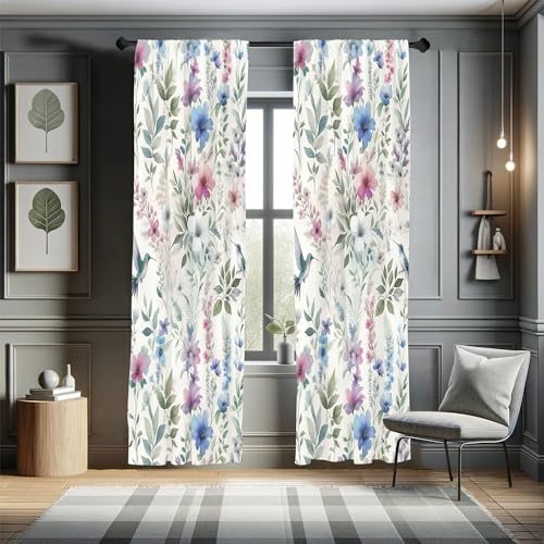 Ambesonne Birds and Nature Curtains, Cottagecore Art Leaves and Flowers Spring with Hummingbirds, Window Treatments 2 Panel Set for Living Room Bedroom, Pair of - 28" x 95", White Laurel Green Lilac