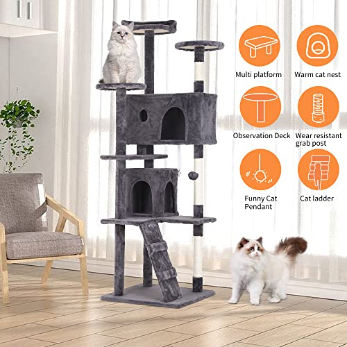 Image of BestPet | 70 inch Cat Tree Tower | Light Gray | Sturdy Multi-Level Cat Tree