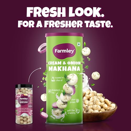 Image of Farmley Roasted Makhana, Peri Peri & Cream & Onion Flavour I 77g Each I Healthy Snack Roasted in Olive Oil | Guilt-Free & Crunchy Munchies | Pack of 2