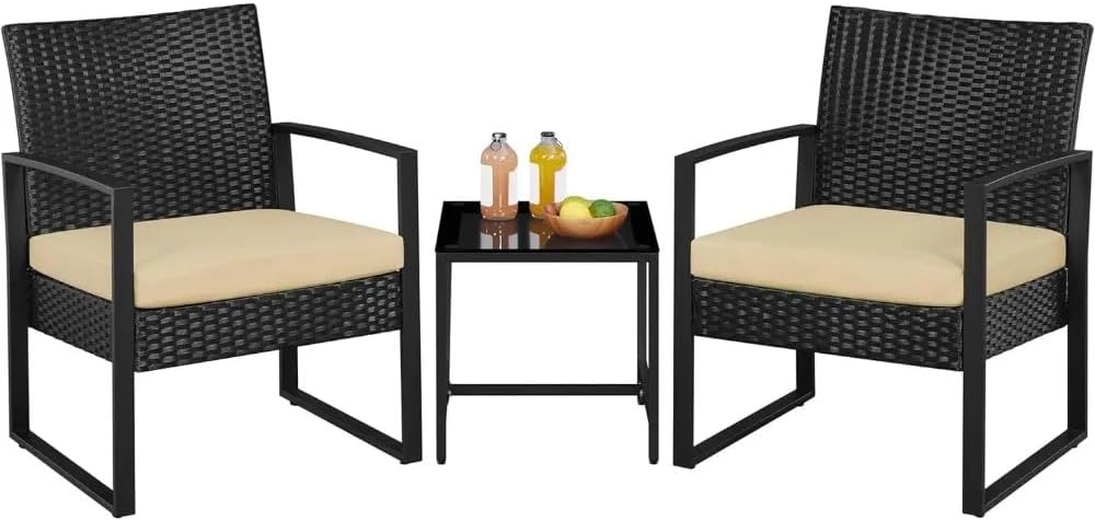 3 Pieces Rattan Bistro Set Indoor Outdoor All-Weather Wicker Patio Furniture with 2 Chairs and Tempered Glass Coffee Table for Garden Courtyard