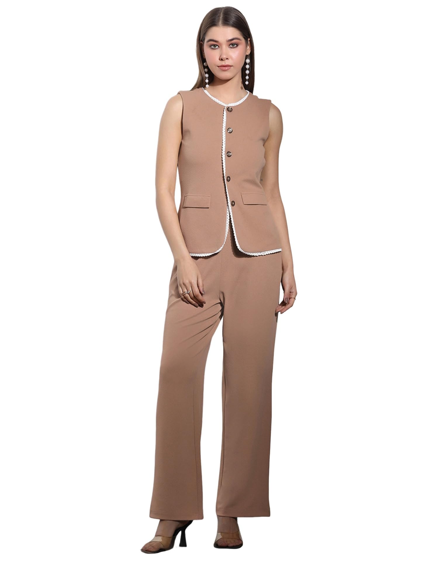 selvia Women's Sleeveless Button West Top with Straight Pants, Chic Formal Co-Ord Set-picture-1