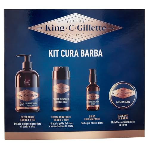 King C. Gillette Kit de cuidado de barba para hombre, perfumada cada día, limpiador 3 en 1 para barba y rostro de 350 ml, bálsamo de 100 ml, suero voluminizador de 50 ml y crema hidratante de 100 ml