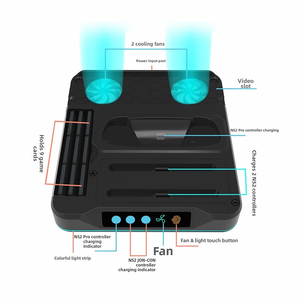 Dock di ricarica per Nintendo Switch 2 con sistema di raffreddamento, stazione di ricarica controller e archiviazione cartuccia di gioco, materiale ABS, 20 x 18 x 4 cm, nero