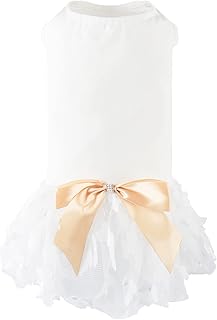 Dog Soft Cotton Dress Tutu Outfit Skirt with Cubic Butterfly Princess Dress for Small Medium Dogs Christmas Holiday Picnic Birthday Party (White, S)