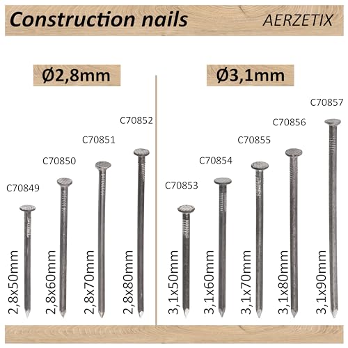 Set de 300 clavos de cabeza plana AERZETIX Ø3.1x60mm, diámetro de cabeza 7mm, acero, color plata para carpintería y revestimiento miniatura 6
