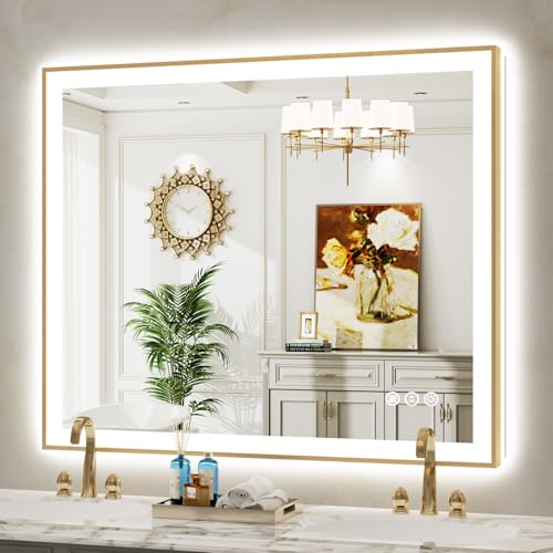 Image of 48x40 LED Bathroom Mirror with Lights, Gold Framed Lighted Mirror | Backlit and Front light, Anti-Fog, 3 Color Dimmable, Memory, Tempered Glass, IP54 Waterproof, UL Listed
