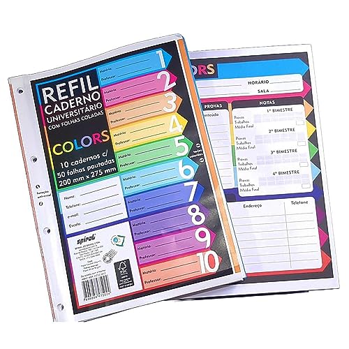 Refil Folha Fichário A4 Caderno Universitário c/500 Fls. coladas Color 4 furos - Spiral