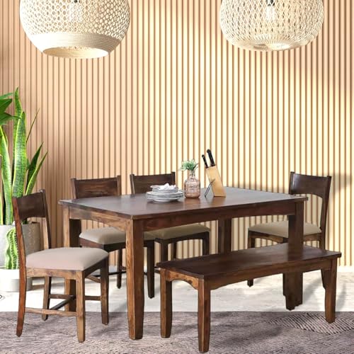 EXCEL HOME 6-Seater Dining Room Set, Solid Wood Table with 4 Chairs and Bench, Provincial Teak Finish with Grey Cushions