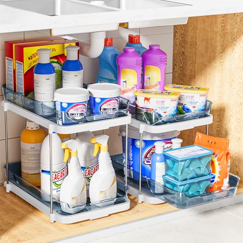 Image of Delamu 2-Tier Multi-Purpose Bathroom Under Sink Organizers and Storage, Stackable Kitchen Pantry Organization, Pull Out Medicine Cabinet Organizer with Movable Dividers, Blue, 2 Pack