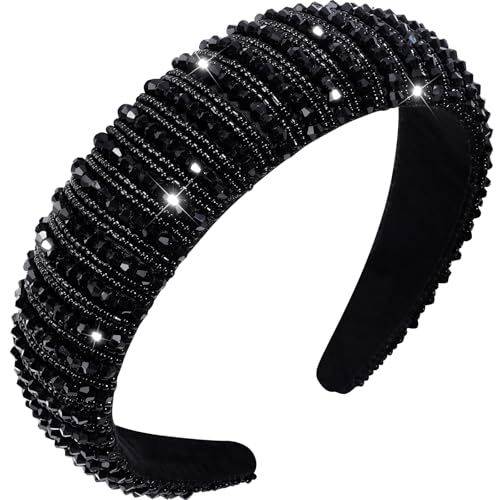 OAOLEER Velvet Padded Diamond Rhinestone Big Headband for Women Black Crystal Embellished Hair Hoop Races Goth Wedding Headpiece Fashion Hair Accessory Suit for Wedding,Party,and Daily Life