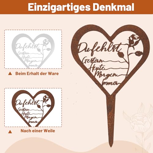WUISOLQP Wetterfest Grabstecker Herz Grabschmuck Trauerdekoration Metall Stahl Rost Grabstecker mit Spruch Grabschmuck Grabdekoration für Erinnerung Andenken Trauer Gärten Höfe Friedhofsdeko