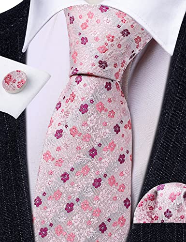 Image of Barry.Wang Flower Ties for Men Silk Woven Floral Tie Sets Necktie Handkerchief Cufflinks Wedding Party