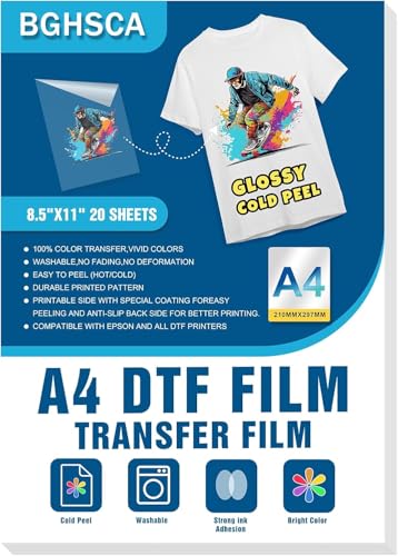 BGHSCA DTF-Transferfolie matt A4 (21 cm x 29 7 cm) 20 Blatt klares vorbehandeltes Papier heiß/kalt abziehbar für T-Shirt-Transferfolie PET Transferpapier