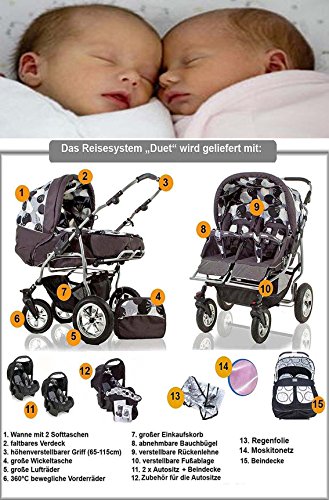 ZWILLINGS- UND GESCHWISTERWAGEN"DUET" MEGASET: INKL. 2 x AUTOKINDERSITZE, BEWEGLICHEN VORDERRÄDERN UND MEGA ZUBEHÖR - IN FARBE (D-000) BLACK