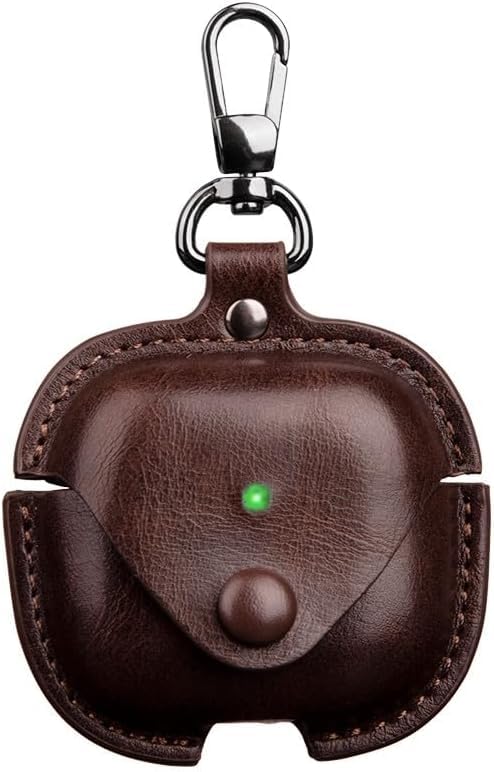 Image of Meyaar Leather Cover Case Compatible with AirPods 4 and AirPods 4 with Active Noise Cancellation (ANC) (2024) Front LED Visible. (Dark Brown)
