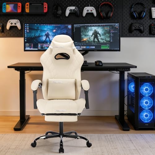 Image of Gaming Chair with Footrest and Massage Lumbar Support, Ergonomic Computer Gamer Chair, Office Video Game Chairs with Adjustable Height and Backrest (Beige)