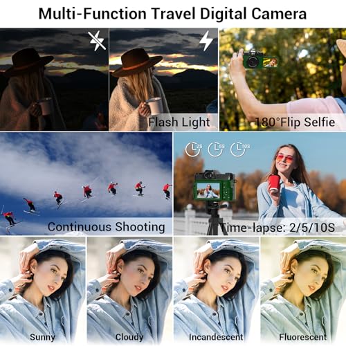 Image of 75MP Digital Camera,4K WiFi Vlogging Camera with 3.0 inch 180 Flip Screen,16X Zoom Autofocus Compact Camera for YouTube Video,Travel Camera with 2 Batteries, 64GB SD Card(DeepGreen)