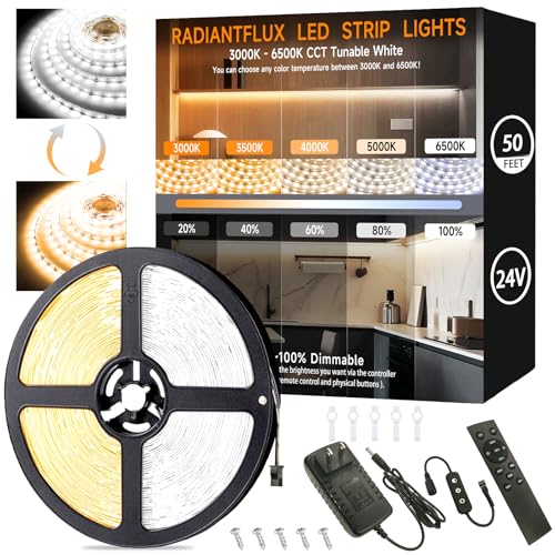 Image of RadiantFlux 50ft LED Light Strip, Warm White Light 3000K-6000K, Ultra-Bright High Lumen, Dimmable 24V LED Light Strip with Remote Control, Flexible Light Strip for Easy Installation