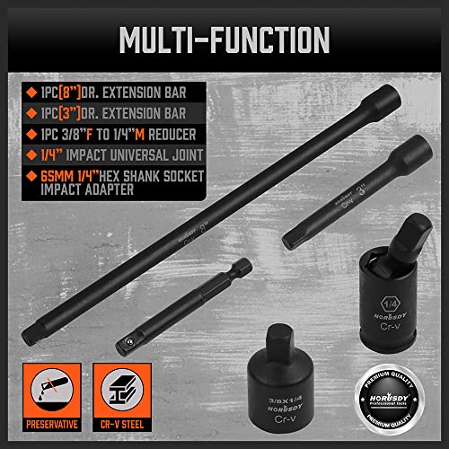 Image of HORUSDY 56-Piece 1 /4 inch Drive Impact Socket Set, Standard SAE (5 /32 to 9 /16 inch) and Metric (4-15mm) Size, 6 Point, Cr-V, 1 /4-Inch Drive Ratchet Wrench, Drive Extension Bar, Impact Universal Joint