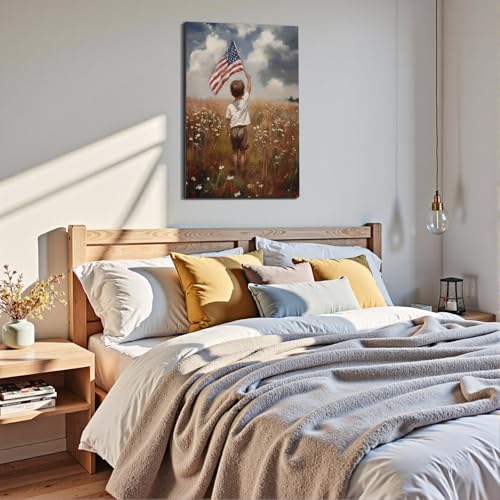 Image of Framed Patriotic American Flag Wall Art, USA Canvas Art Pictures, Red White Blue Wall Decor, Made in USA Ready to Hang for Living Room Bedroom Office Man Cave
