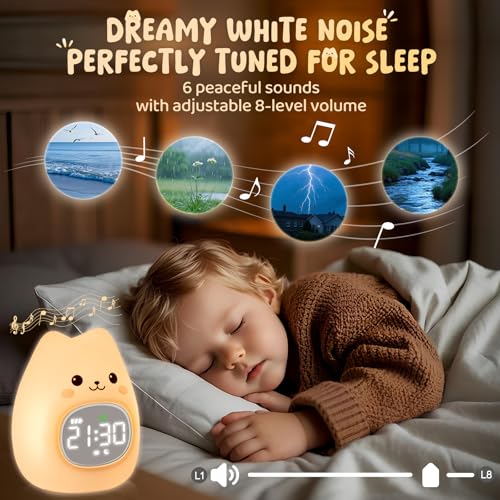 Image of Cat Alarm Clock with Night Light for Kids with Sleep Training and Sound Machine, Rechargeable Silicone Lamp OK to Wake Clock,Cute Animal Tabletop Lamp, Perfect Sleep Companion for Boys Girls