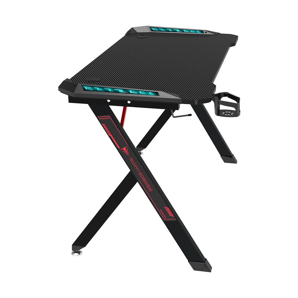 Mesa Gamer con LED, 113 x 60 x 75 cm, Superficie Resistente, Gestión de Cables, Negro