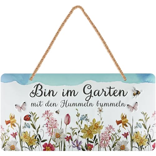 LANOLU retro Blechschild Gartenschild mit Spruch bin im Garten mit den Hummeln bummeln Deko Schild Garten wetterfest Vintage Metallschild mit Jutelkordel 16x32 cm