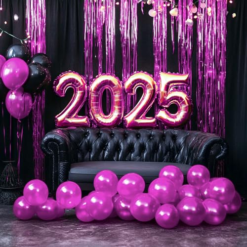 Image of PartyWoo Hot Pink Foil Fringe Curtain Red Rose Streamers 3pcs 8.2ft Magenta Tinsel Backdrop Dark Pink Curtains for Birthday Barbie Theme Galentines Bachelorette Tequila Sunrise Party Decorations