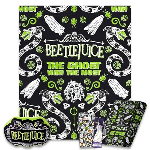 WARNER BROS PICTURES Beetlejuice Pillow and Blanket Set - Bundle of Halloween Fleece Throw 50x70 Travel Pillow Stickers Bookmark | Beetlejuice Room Decor
