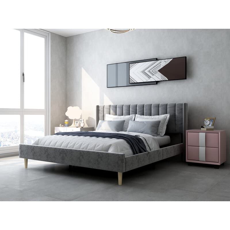 Image of Upholstered Platform Low Profile King Size Bed Without Mattress for Bedroom| Engineered Wood Bed for Home |(Dark Grey) Mattress Size 6 x 6.5 Foot| 12 Month Warranty