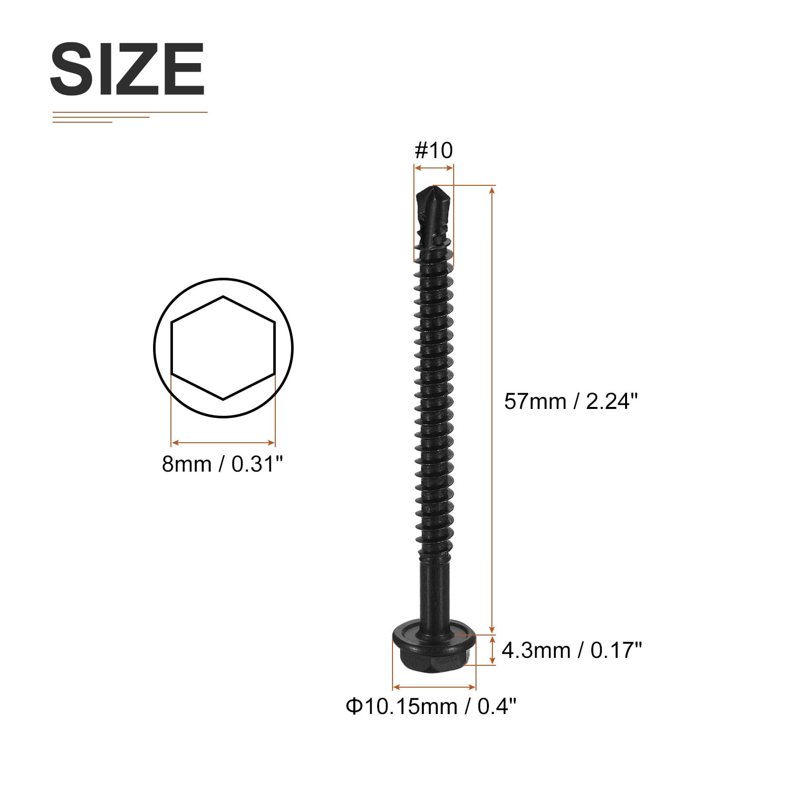 DTGN #10x2-1/4" Hex Washer Head Self Drilling Screws, 50Pack, Good for Machine, 410 Stainless Steel Black Oxide - Image 2