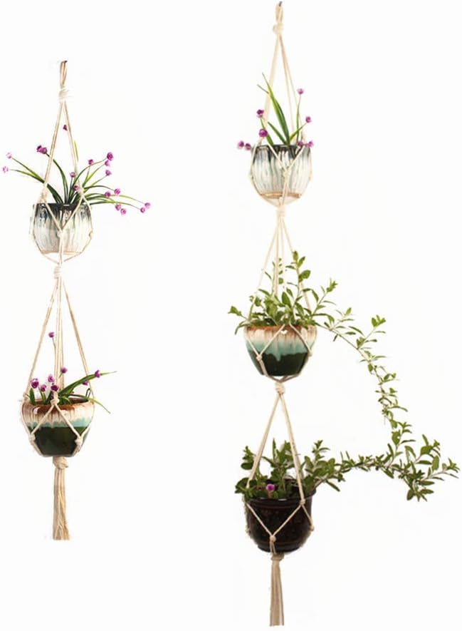 Plant Hanger, Double Plant Hanger Indoor Outdoor Hanging Planter,Hanging Plant Holder-Handmade Cotton Rope 4 Legs 2 Tier 49โ3 Tier 68โ(Supports 5 Flower Pots) 2 Pack