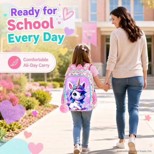 Image of WZLVO 3PCS Kids Backpack for Girls, Unicorn Dinosaur Animal Prechool Elementary Kindergarten School Bookbag with Lunch Box